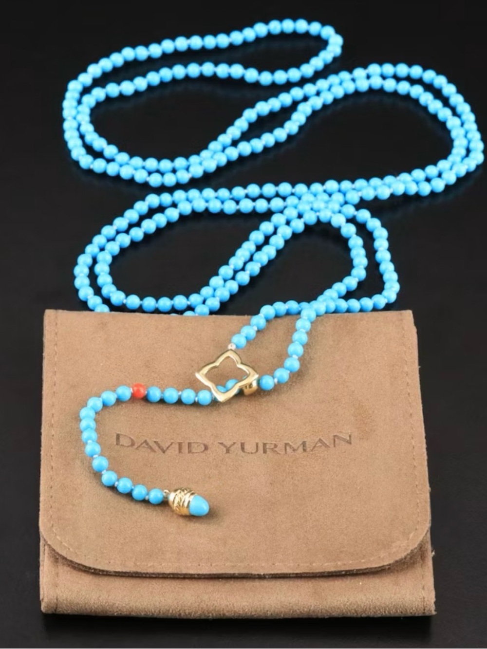 David Yurman 18K Gold Turquoise Coral Quatrefoil Lariat Necklace